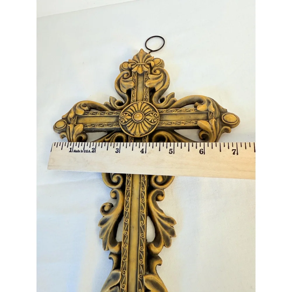 Ornate Gold Decorative Floral Fleur-de- lis Hanging Hook Baroque Wall Cross - Picture 13 of 13